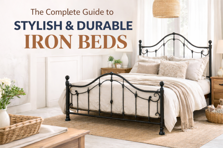 Elegant bedroom featuring a stylish and durable iron bed frame (jernsenger) with modern interior design