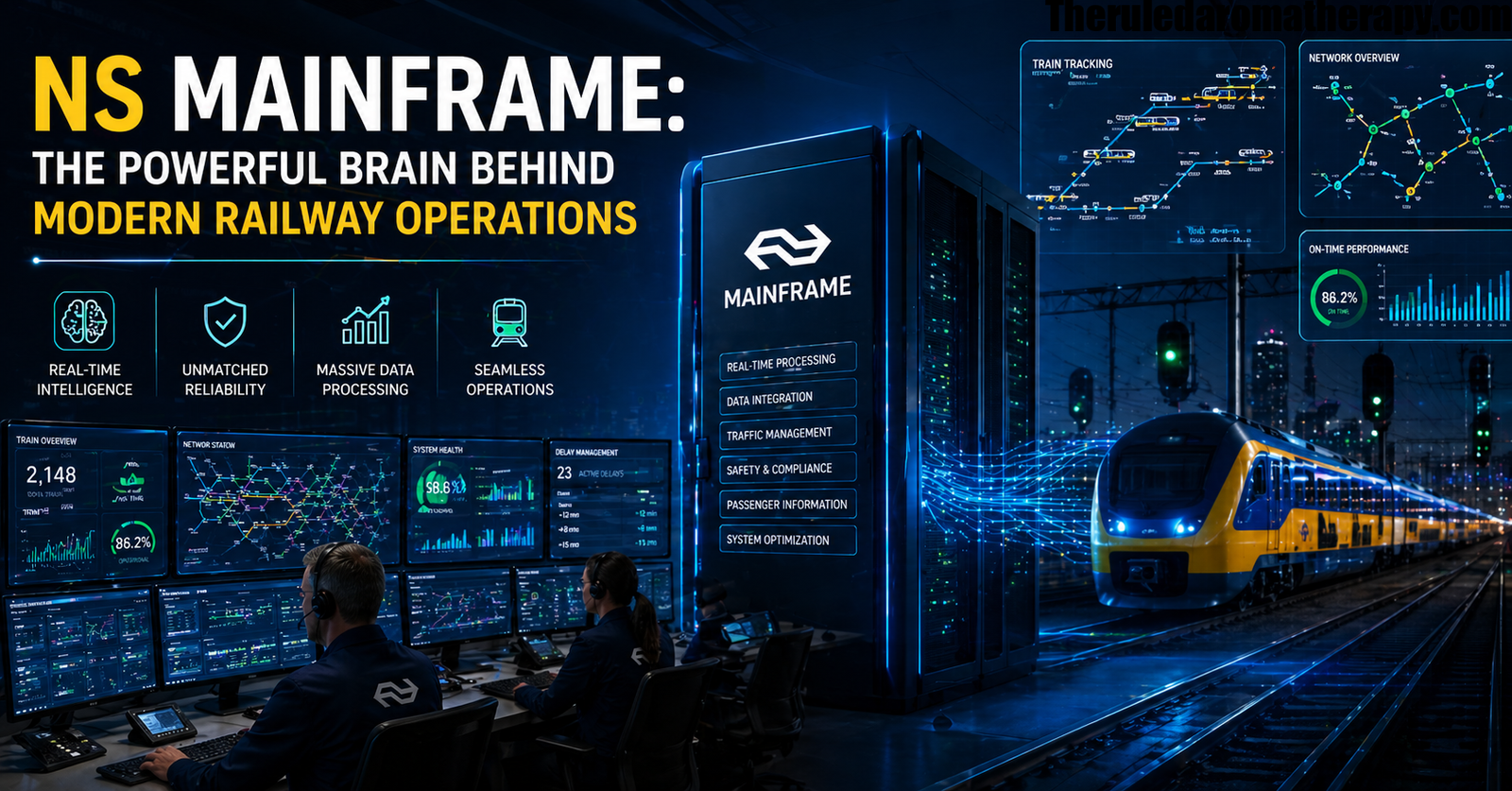 NS Mainframe control center with real-time train tracking dashboards