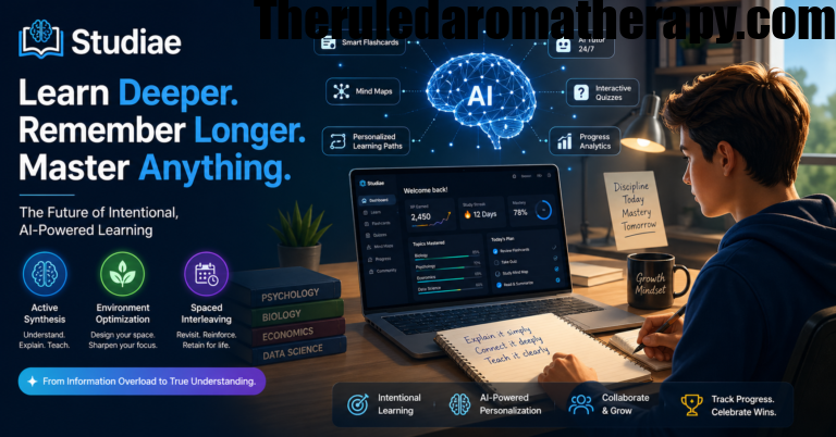 Futuristic AI-powered learning environment showing a student interacting with holographic study tools, flashcards, and knowledge maps representing Studiae’s intentional learning system.