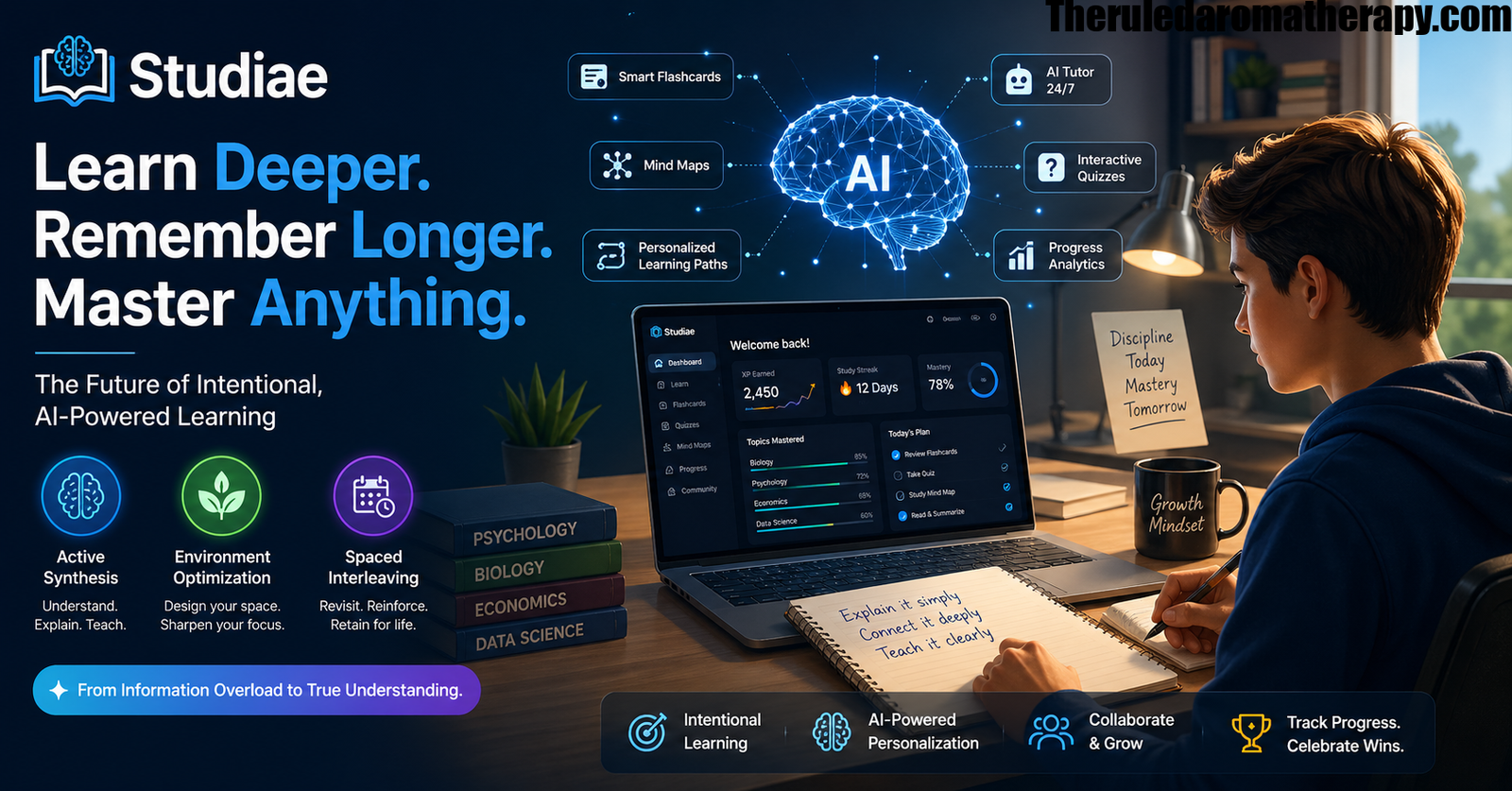 Futuristic AI-powered learning environment showing a student interacting with holographic study tools, flashcards, and knowledge maps representing Studiae’s intentional learning system.