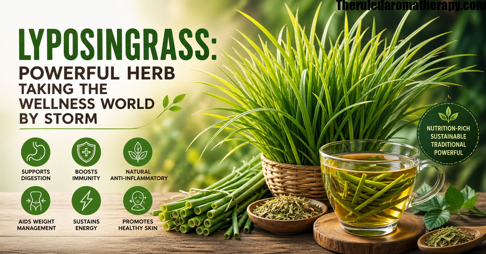 Fresh green Lyposingrass plant with citrus aroma effects in a tropical natural setting representing health and wellness benefits