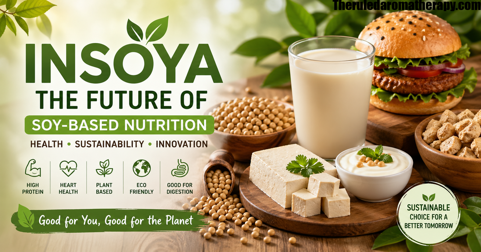 Insoya soy-based foods including tofu, soy milk, and plant protein representing sustainable nutrition and healthy lifestyle