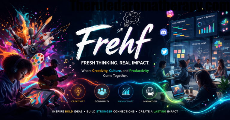 Digital illustration showing collaboration, creativity, and productivity with people creating art and working with tech tools, representing the Frehf concept