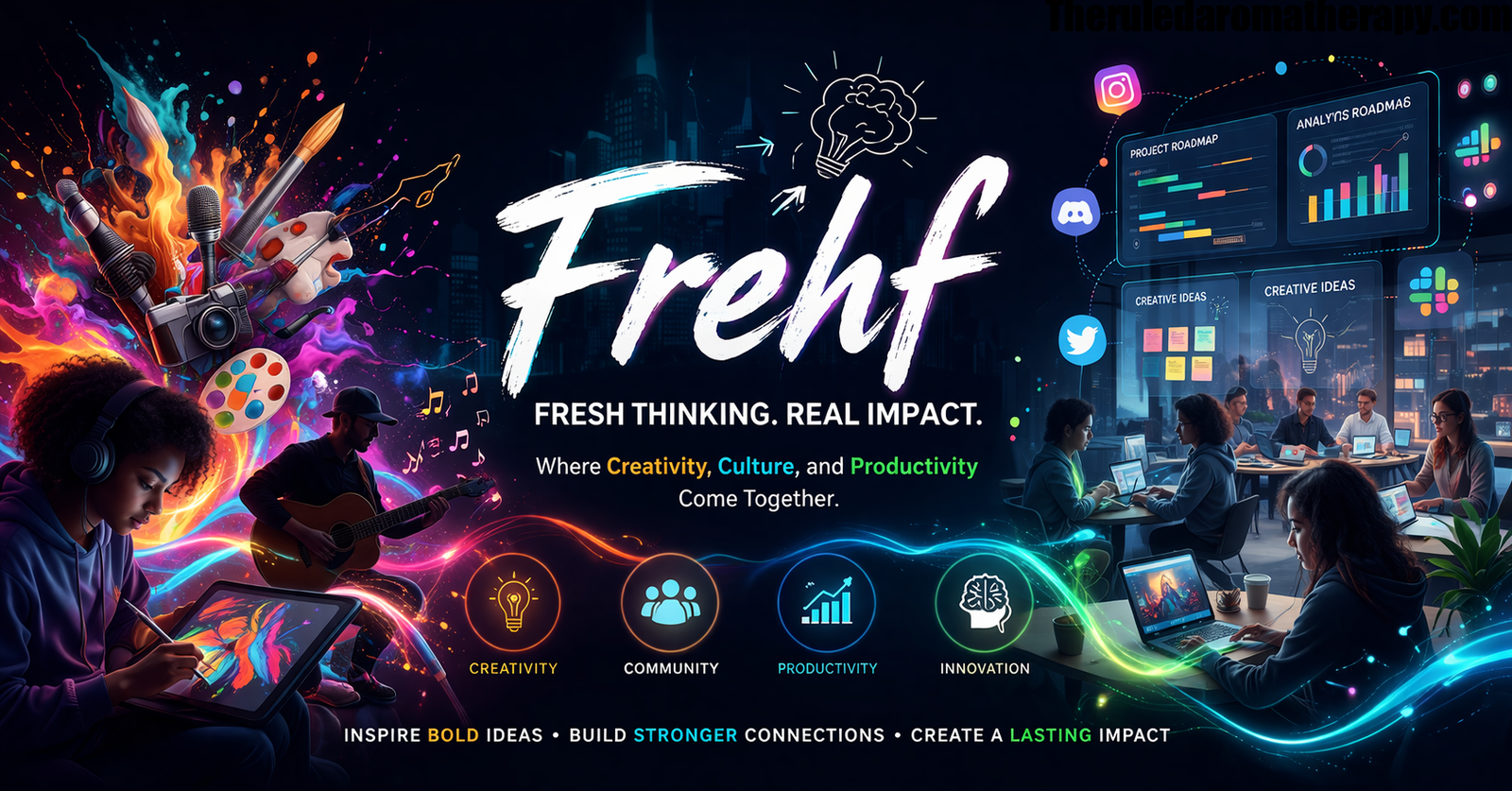 Digital illustration showing collaboration, creativity, and productivity with people creating art and working with tech tools, representing the Frehf concept