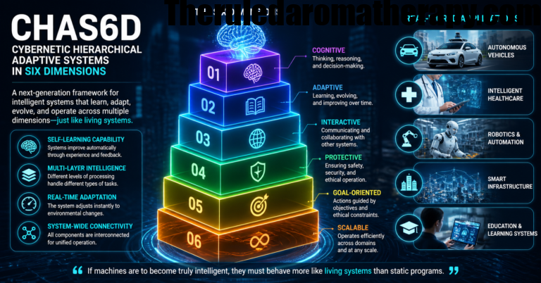 Futuristic visualization of CHAS6D showing a six-dimensional adaptive AI system with interconnected cybernetic layers and digital networks