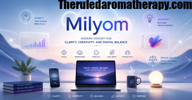 Futuristic digital workspace representing Milyom concept with clarity, creativity, and digital balance in a modern minimalist design