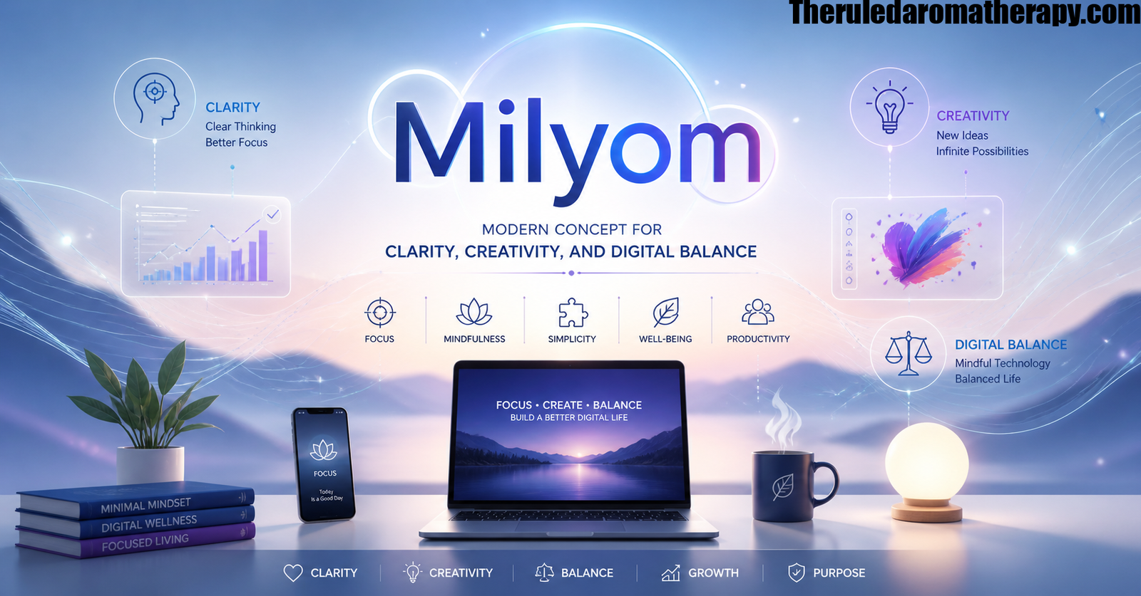 Futuristic digital workspace representing Milyom concept with clarity, creativity, and digital balance in a modern minimalist design