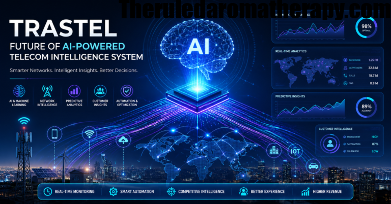 AI-powered telecom intelligence system showing futuristic analytics dashboard, network data visualization, IoT connections, and global digital connectivity concept for Trastel framework.