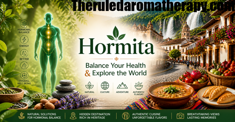 Hormita natural supplement for hormonal balance with scenic travel destination, waterfall, local market, and cultural landscape