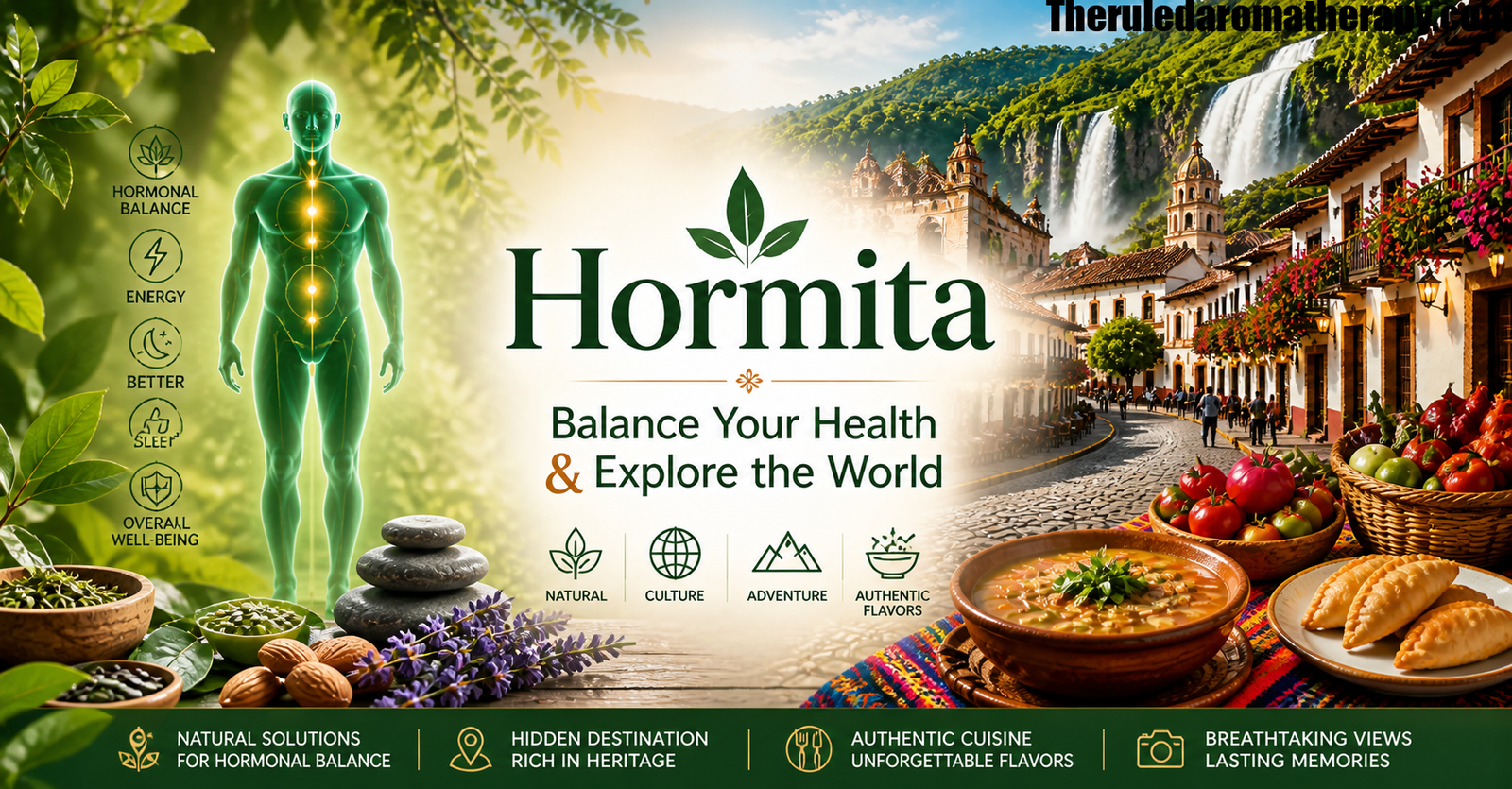 Hormita natural supplement for hormonal balance with scenic travel destination, waterfall, local market, and cultural landscape