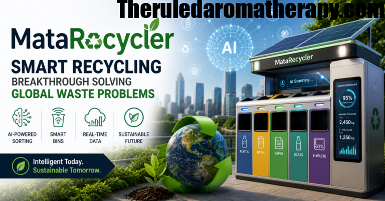 Futuristic AI-powered MataRecycler smart recycling system sorting waste in a modern eco-friendly city environment