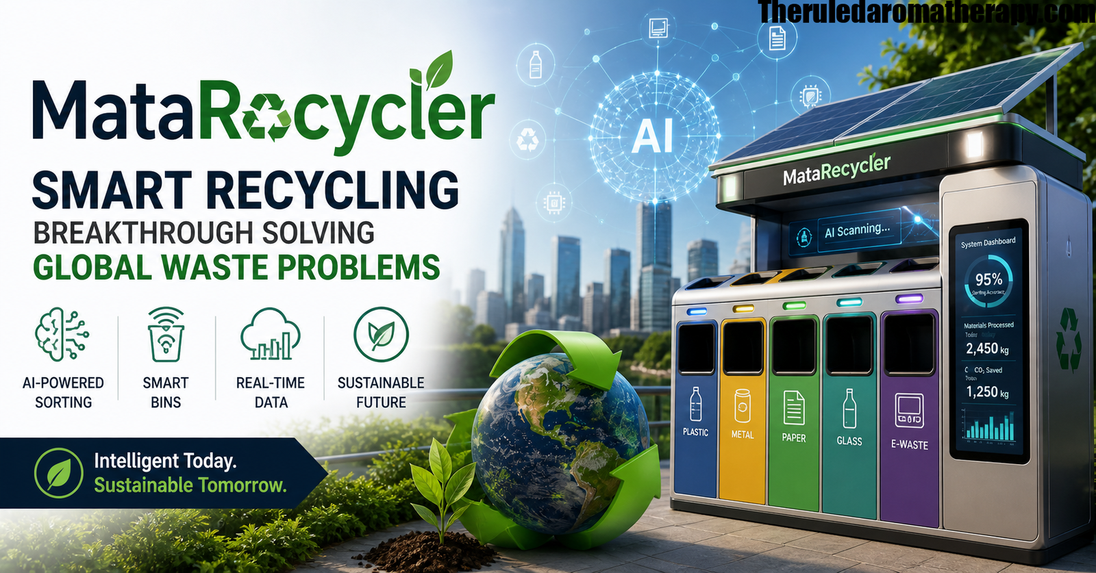 Futuristic AI-powered MataRecycler smart recycling system sorting waste in a modern eco-friendly city environment