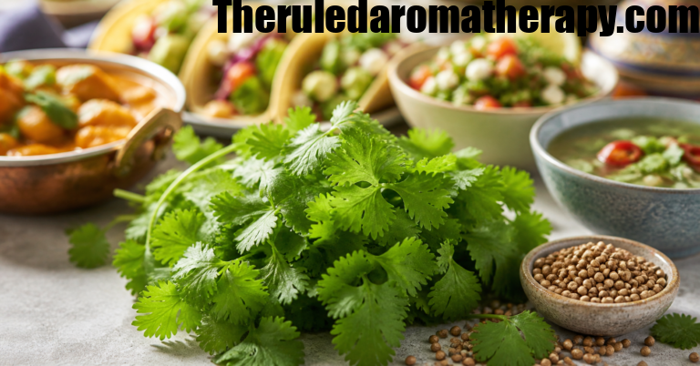 Fresh green coriander leaves with coriander seeds and blurred background of global dishes including curry, tacos, salad, and soup