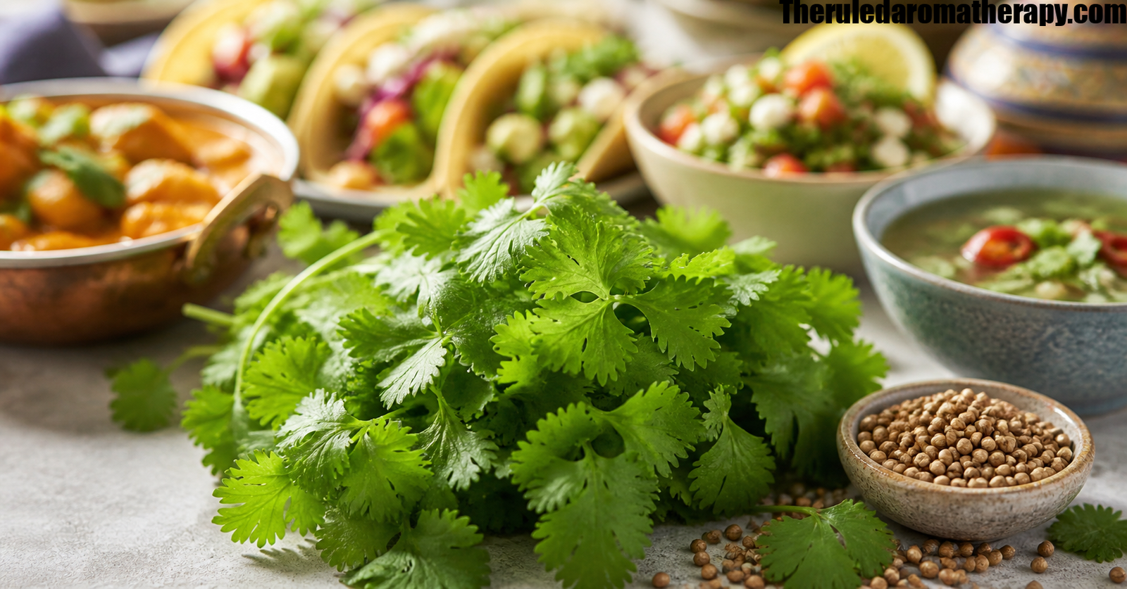 Fresh green coriander leaves with coriander seeds and blurred background of global dishes including curry, tacos, salad, and soup